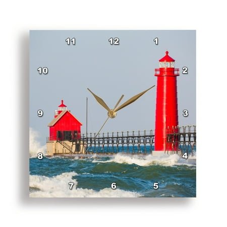 3dRose, Grand Haven South Pier Lighthouse, Lake Michigan, Grand Haven, MI, 10x10 Wall Clock