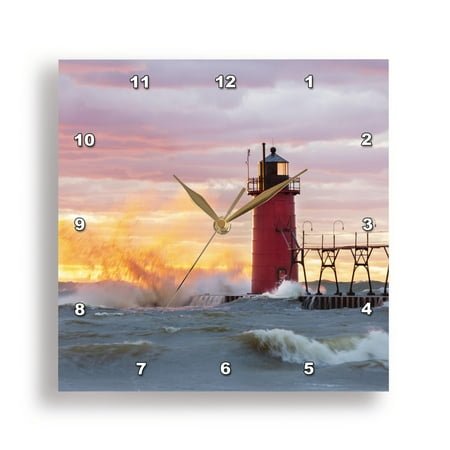 3dRose, South Haven Lighthouse at sunset, South Haven, Michigan., 10x10 Wall Clock