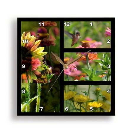 3dRose, Summer Garden Collage- Hummingbird and Flowers, 15x15 Wall Clock