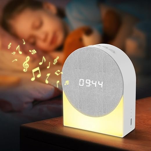 4-in-1 Digital Alarm Clock + Sound Machine + Bluetooth Speaker + Night Light, Night Lamp Alarm Clock for Bedroom White Noise Soother Baby Portable Travel Sound Machine for Kids, Toddler, Nursery