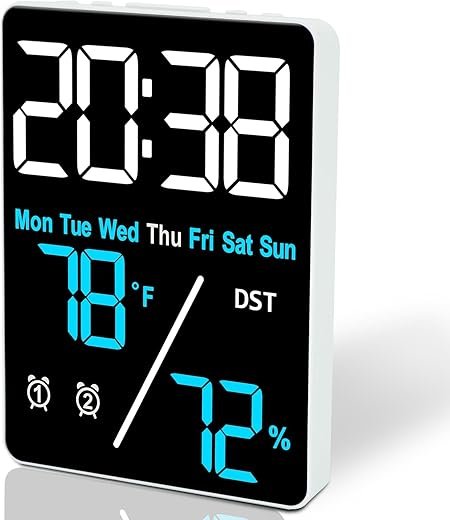 5.5 inch Large Digital Room Thermometer hygrometer Alarm Clock for Desk, Indoor Humidity and Temperature Measurement with LED Display,Adjustable Brightness Clock with Dual Alarms, Snooze,USB Input