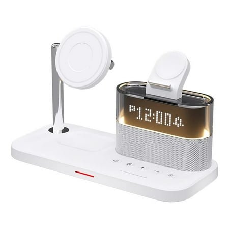 5 In 1 Wireless Charger Stand LED Night Light Alarm Clock for iPhone 15 14 13 12 for iWAtch 9 8 7 for For AirPods Fast Charging Station Dock (White)