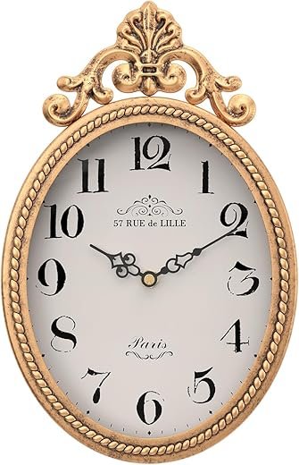 Abdurey Small French Retro Decorative Wall Clock, Antique Gold Vintage Oval Style,Silent Battery Operated Boho Decor Wall Clocks for Farmhouse,Kitchen,Bedroom,Bathroom(10.4" H x 6.7" W)