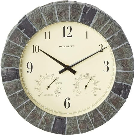 AcuRite 02418 14-Inch Faux-Slate Indoor/Outdoor Wall Clock with Thermometer, Hygrometer