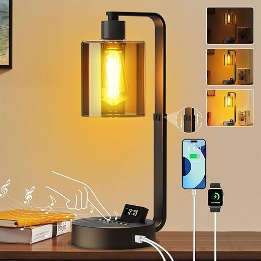 Aialun Industrial Table Lamp,Dimmable Bedside Lamps Nightstand for Bedroom USB A/C Charging Ports,Alarm Clock Bluetooth Speaker Lamp,Adjustable Height 2700K Warm Light Desk Touch Lamp for Living Room