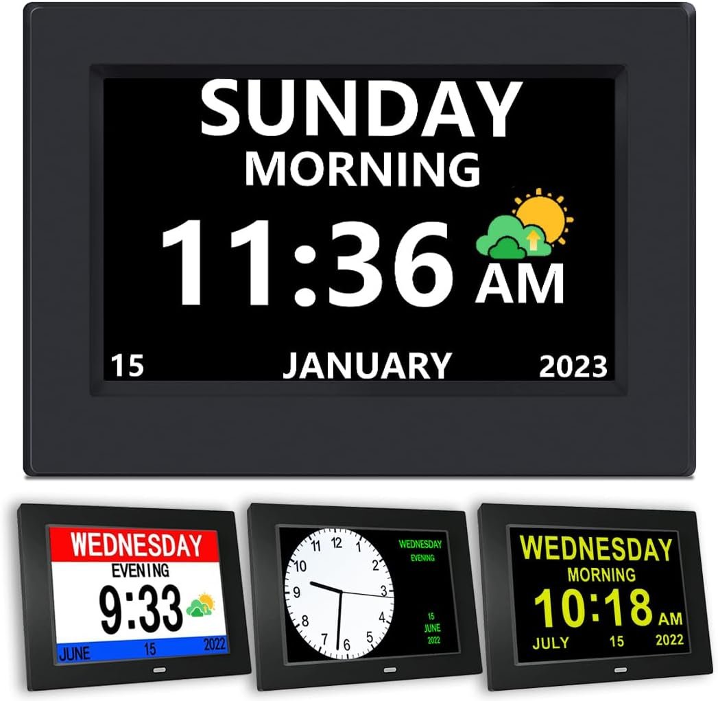 AINFTIME Digital Clock with Date and Day of Week for Elderly-12 Alarms Medication Reminder Dementia Alzheimers Clock Calendar with Extra Large Display (7 inch Black)