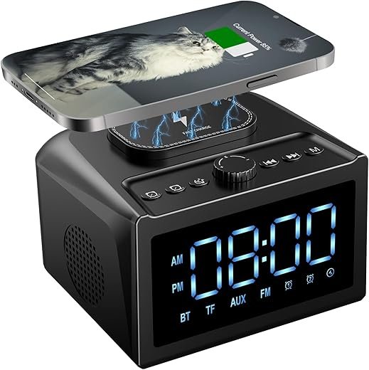 Alarm Clock for Bedroom, Digital Clock FM Radio with 15W Wireless Charging, 10W Loud Stereo Bluetooth Speaker with AUX TF USB Input, 6 Sleep White Noise Sounds, Black