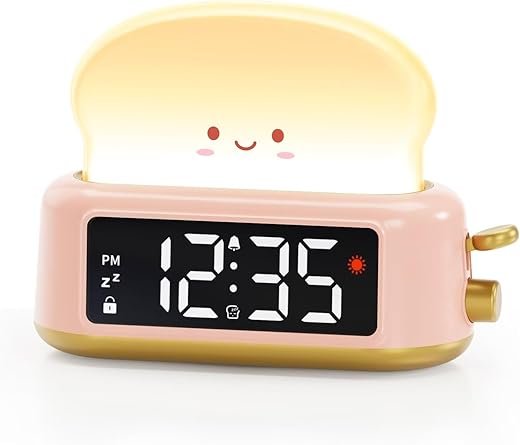 Alarm Clock for Kids, Digital Alarm Clock for Bedrooms, Cute Toast Alarm Clock with Night Light, Timer, Snooze, Adjustable Brightness, Toddler Clock Bedside, Ideal Gifts for Kids Teens Girls