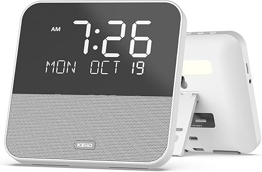 Alarm Clock Radio Bluetooth Speaker FM Radio with Clear HiFi Sound Quality, Natural Sound Machine & Night Light for Bedroom, Dual Music Alarms, Aesthetic Style, Remote Control, Wall Mountable