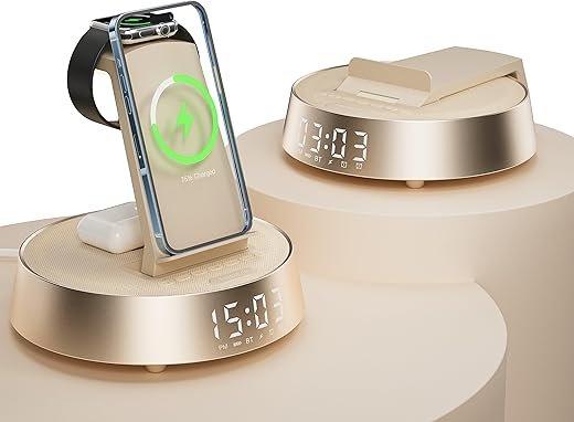 Alarm Clock with Wireless Charging Station, Clock for Bedroom with Dimmable Night Light Bluetooth Speaker, Wireless Charger Dock Station for iPhone 16 15 14 13 12 11 Pro Max, Apple Watch, AirPods Pro