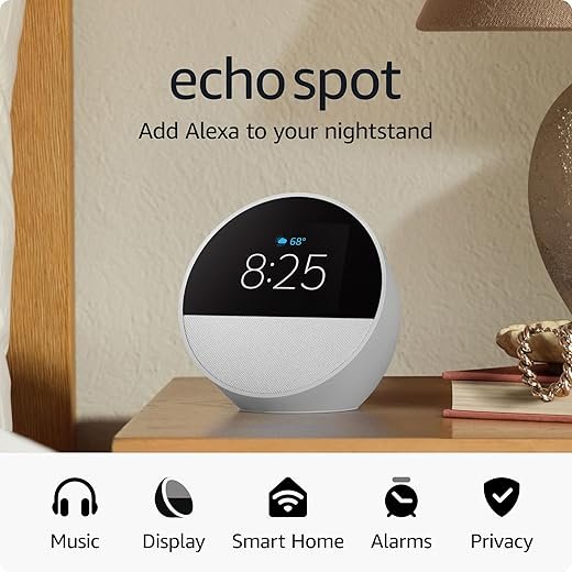 Amazon Echo Spot (newest model), Great for nightstands, offices and kitchens, Smart alarm clock with Alexa, Glacier White