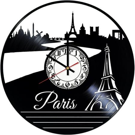 Amblelife Paris France Vintage Black Vinyl Record Wall Clock Wall Art 3D Modern Design Office Bar Room Home Decor Gift