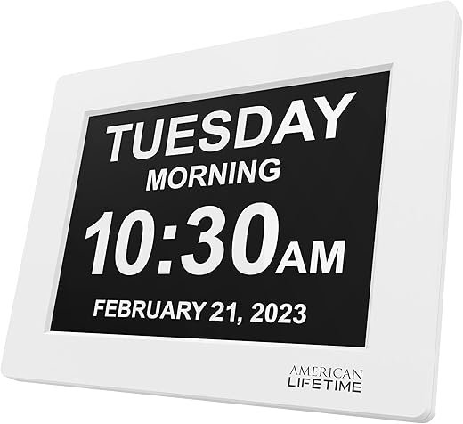 American Lifetime 【New 2025】 Dementia Clock Large Digital Clock for Seniors, Digital Clock Large Display with Custom Alarms, Clock with Day & Date for Elderly, Large Number Digital Clock White