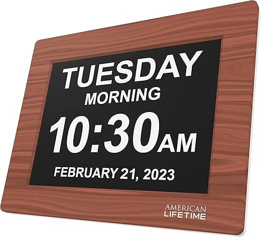 American Lifetime Upgraded Version, Day Clock Extra Large Impaired Vision Digital Clock with Backup and 5 Alarm Options, Brown Wood