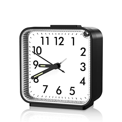 AMIR Analog Alarm Clock, Silent Non Ticking Small Clock, Travel Alarm Clock with Snooze & Light, Ascending Beep Sounds, Battery Operated Loud Alarm Clock for Bedroom, Bedside, Desk (Black)