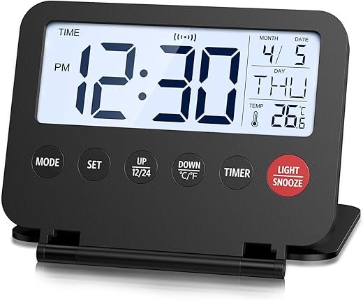 AMIR Digital Travel Alarm Clock, Foldable Calendar Temperature Timer LCD Clock with Snooze, 12/24H, Battery Operated Desk Clock for Travel, Home & Office, Black