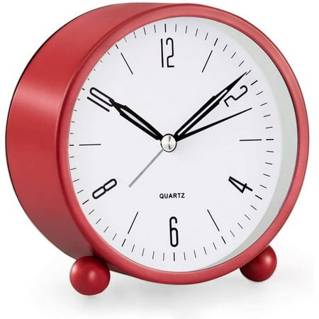 Analog Alarm Clock, 4 inch Round Silent Alarm Clock Non Ticking, Night Light, Snooze, Battery Powered Silent Alarm Clock, Simple Design BesideDesk Alarm Clock (Red)