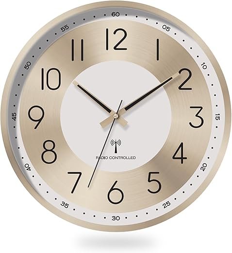 Atomic Analog Wall Clock 14 Inch Battery Operated Wall Clocks Radio Controlled Clock Sets Automatically Gold Large Wall Clock Decor Kitchen Living Room Bedroom