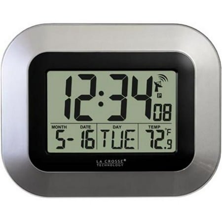 Atomic Digital Wall Clock with IN Temp and Date-Silver