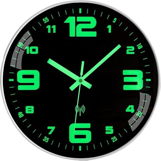 Atomic Glow in The Dark Wall Clock Silent Non Ticking Battery Operated Analog Sets Automatically Easy to Read Digital Light Up Modern Design 12 Black for Living Room Bedroom Kitchen Bathroom