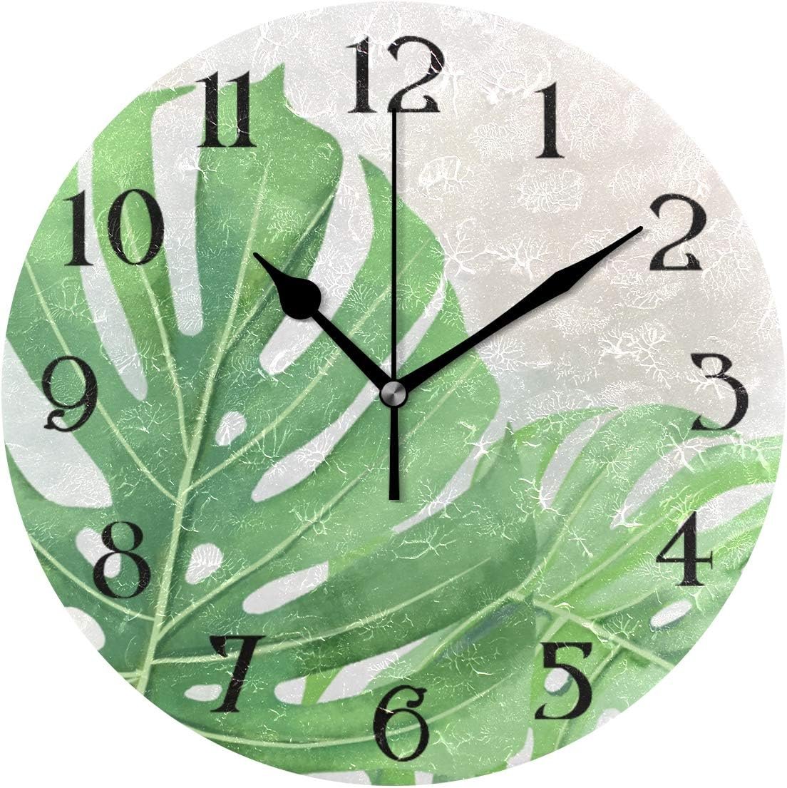 Bathroom Clock Tropical Plant Palm Leaf Leaves Decorative Wall Clock Non Ticking Quartz Battery Operated Silent Clocks for Living Room Decor Fashion and Retro Coexist