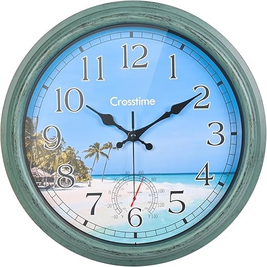 Beach Coastal Themed 16" Blue Large Indoor Outdoor Clock Waterproof - Vintage Wall Clocks with Thermometer for Patio Pool Garden Living Room Home Decor