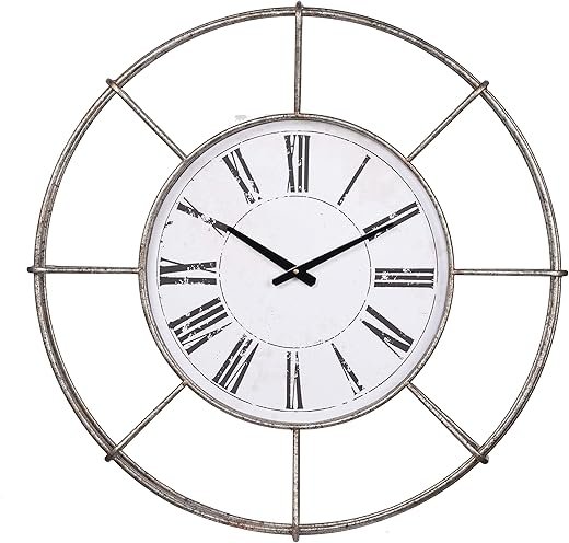 Benjara Metal Wall Clock with Circle Dial and Roman Numbers, White, Silver