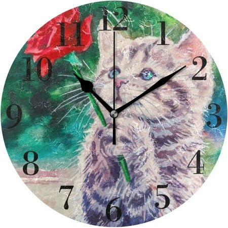 BESTKITTY Cute Cat Red Rose Wall Clock 9.8 Inch Silent Round Wall Clock Battery Operated Non Ticking Creative Decorative Clock for Kids Living Room Bedroom Office Kitchen Home Decor