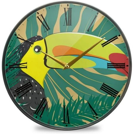 BESTKITTY Toucan Bird with Tropical Leaves Wall Clock Silent Non-Ticking Battery Operated Acrylic Painted Vintage Roman Numerals Clocks 11.9 Inch for Home Kitchen Livingroom Office Classroom