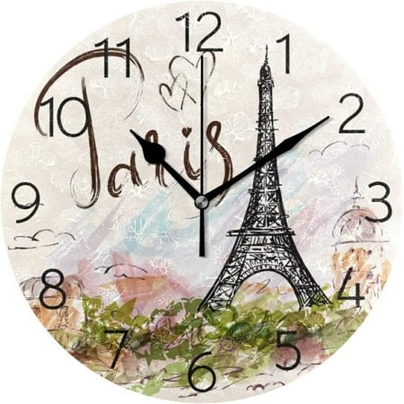 BESTKITTY Watercolor Paris Eiffel Tower Wall Clock Round Silent Non-Ticking [Battery Operated] Easy to Read Clocks for Home Kitchen Office Classroom Living Room Bedroom