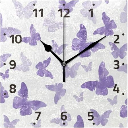 BESTKITTY Watercolor Purple Butterflies Wall Clock Square Silent Non-Ticking [Battery Operated] Easy to Read Clocks for Home Kitchen Office Classroom Living Room Bedroom