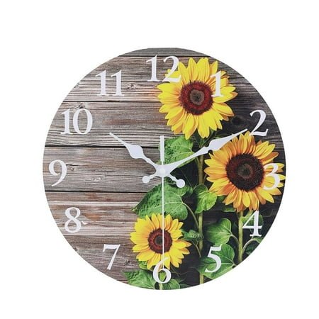 BINGLI Sunflower Wall Clock, Vintage Country Floral Silent Non Ticking Clocks, Wooden Round Easy to Read Wall Clock for Kitchen/Living Room/Bedroom/Bathroom, Clearance