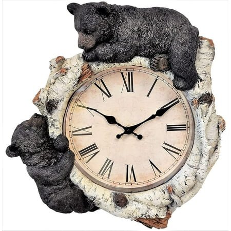 Black Bear Cubs on Birch Woodland Style Wall Clock Cabin Lodge