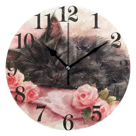 Black Cat with Rose Wall Clock 9.8 inch Battery Operated Clocks Non-Ticking Silent for Bedroom Office Kitchen Living Room