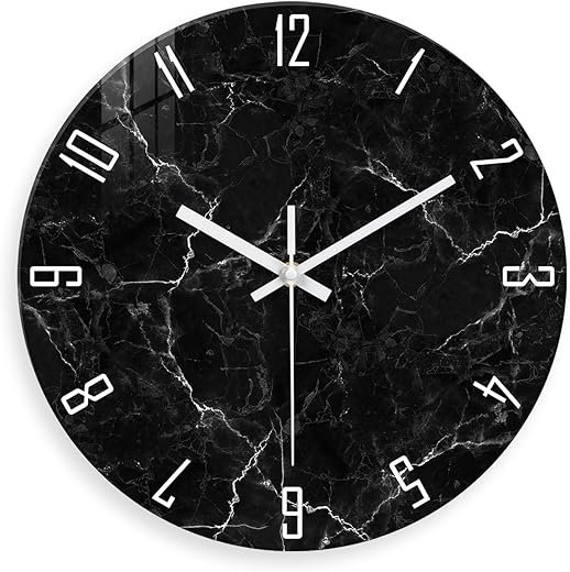 Black Minimalist Wall Clocks for Living Room Glass Marble Pattern Wall Clocks Battery Operated 12 Inch Abstract Wall Clock Non Ticking