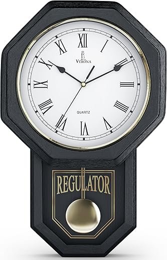 Black Pendulum Wall Clock - Real Wood Regulator Clock - Quiet, Non-Chiming & Battery Operated - Decorative Wooden Schoolhouse Design with Pendulum for Living Room Decor, Home, Office 18x11