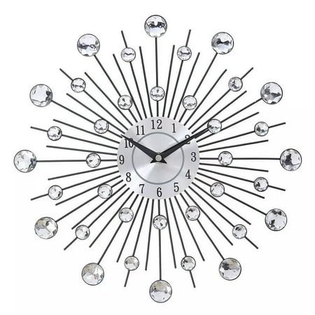 BLOPQ 33CM SILVER DIAMANTE BEADED JEWELED ROUND SUNBURST METAL WALL CLOCK-default