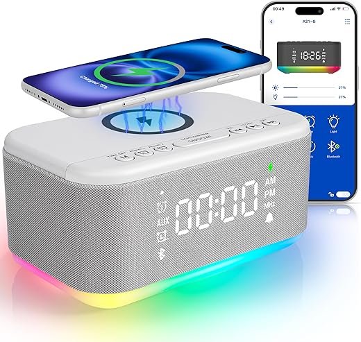 Bluetooth Alarm Clock Radio Bedroom, Digital Dual Alarm Clock Bedroom, Up to 10 Alarms Clock Night Light Speaker App/Button Control FM Charge Snooze Adjustable Volume Dim 12/24H, Grey