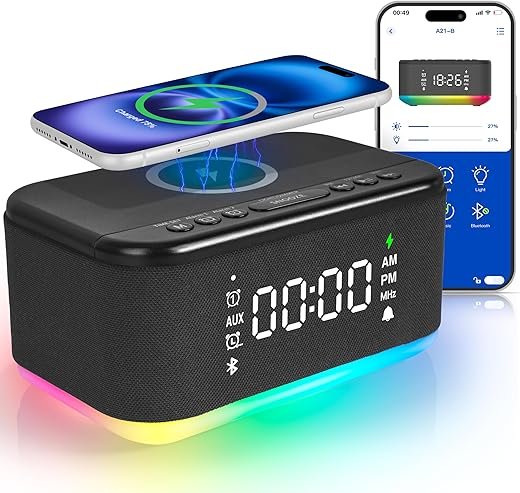 Bluetooth Alarm Clock Radio Bedroom, Digital Dual Alarm Clock Bedroom, Up to 10 Alarms Clock Night Light Speaker App/Button Control FM Charge Snooze Adjustable Volume Dim 12/24H, Black