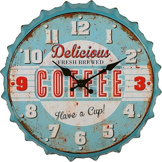 Bottle Cap Style 12inch Metal Wall Clock Creative Decor Clock Industrial Country Farmhouse Style Blue Rustic Clock for School/Kitchen/Beer bar/Restaurant/Cafe/Den