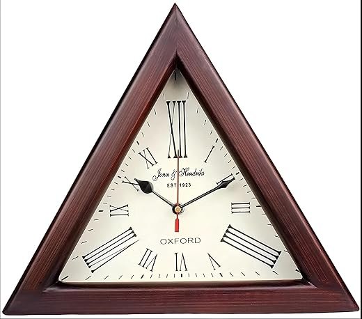 Brown Wooden Triangle Shape Wooden Wall Clock - Vintage Nautical Style Roman Number Silent Wall Clock - Mid Century Modern Battery Operated Mantel Wall Hanging Clock (12 Inch)