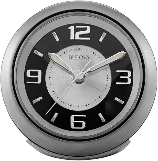 Bulova - 3.75" W x 3.75" H B5027 Lite Night Alarm Clock | Brushed Silver-Tone Case | Illuminated Dial | Luminous Hands | Quiet Sweep | Snooze Function