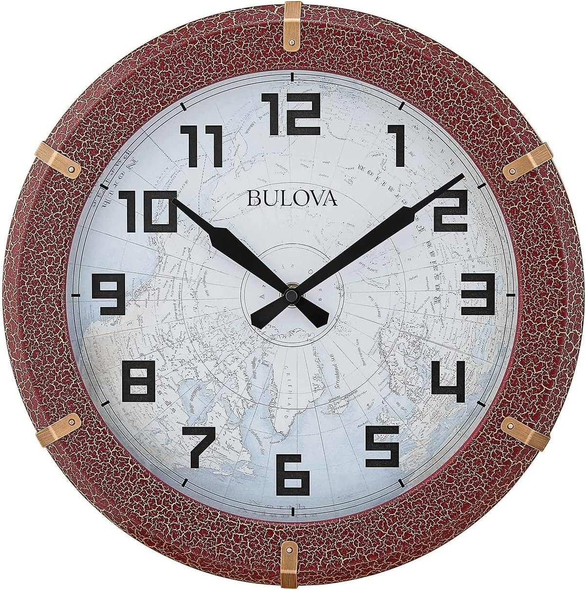 Bulova Cartographer Wall Clock C4344 | 14" Diameter | Vintage Map Design | Distressed Rust Colored Finish | Quartz Movement | Decorative Home Accent