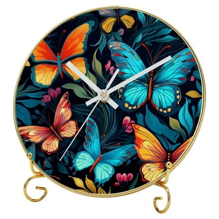 Butterfly Round Wall Clock with Printed Design, Gold Stand, and Hooks – Silent Non-Ticking Timepiece for Elegant Home Décor and Office