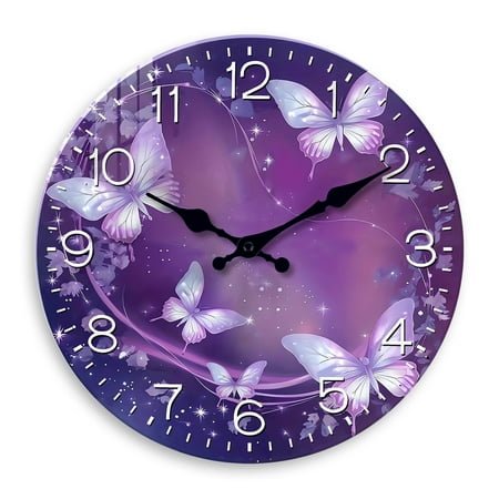 Butterfly Wall Clocks for Living Room - Glass Purple Wall Clock for Women - Wall Clocks Battery Operated 16 Inches or Larger