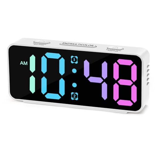 Cadmos Small Super Loud Alarm Clock for Bedrooms,Plug in Simple Digital Alarm Clocks with Large RGB Colorful Display,Dual Alarms,Dimmer,Ok to Wake Up for Heavy Sleepers Adults,Kids,Teens (White)