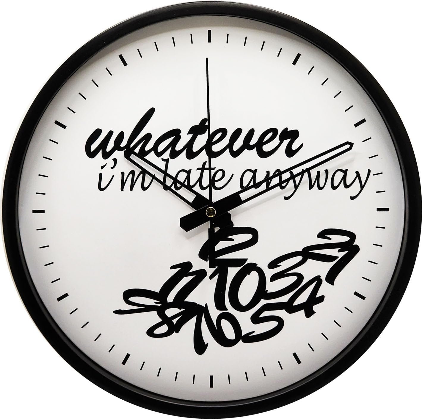 Camy 9 Inch Whatever I'm Late Anyway | Silent Non-Ticking Battery Operated Unique/Funny Gift Wall Clock for Office Room, Living Room, Bedroom or Kitchen (White)