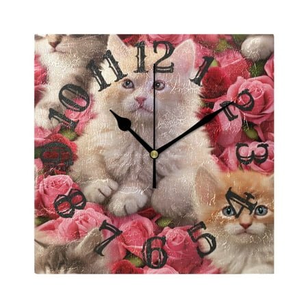 Cats Roses Floral Flowers Wall Clock Square Silent Non Ticking Battery Operated Clock for Home Bathroom Kitchen Bedroom Living Room