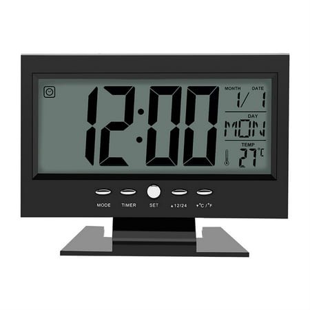 changqingxie LCD Digital Sound Sensor Table Desk Alarm Clock Calendar Temp Display Electric Clock for Home Office ABS Rectangle LCD Number Date Time Week Temperature White