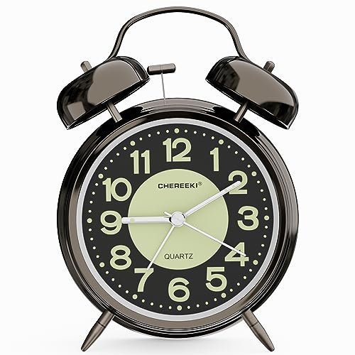 CHEREEKI Loud Alarm Clock for Heavy Sleepers Adults, Silent Non Ticking Analog Clock with Backlight, Luminous Dial, Battery Operated Alarm Clock for Bedroom, Included Battery, Black